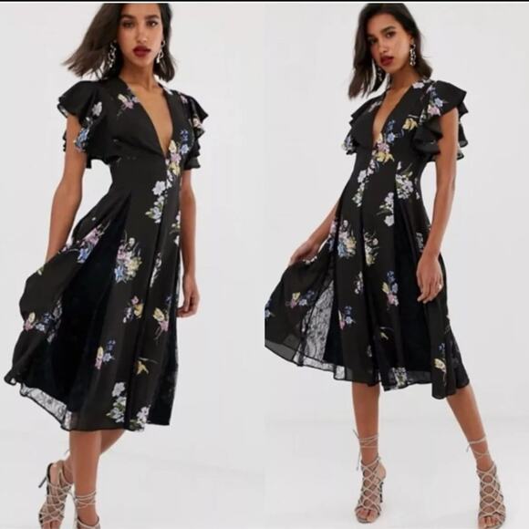 ASOS Floral Dress Black Ruffle Lace Vneck Flutter Midi NWT 6 Boho Swing Pinup - Picture 5 of 5